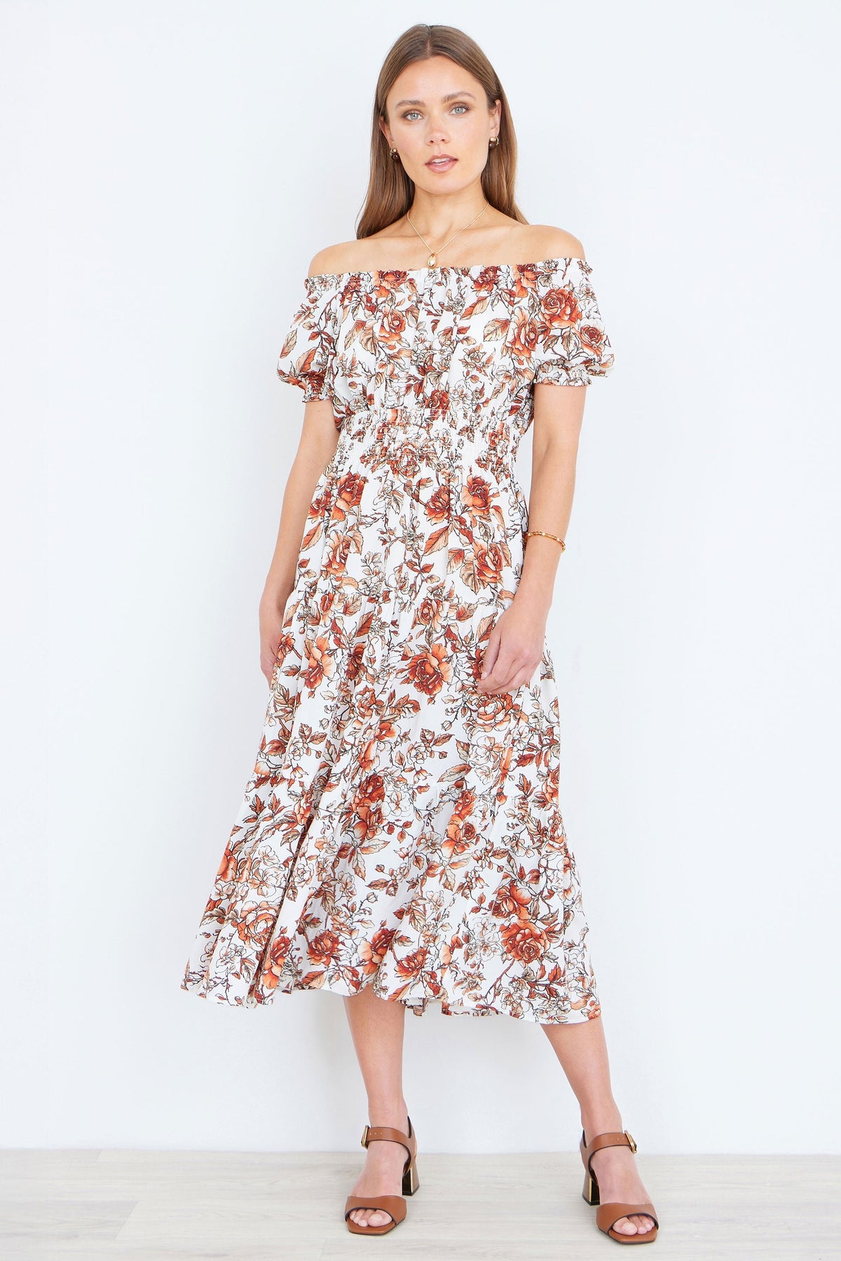 The Off-Shoulder – Orange Floral Midi Dress - Bascora