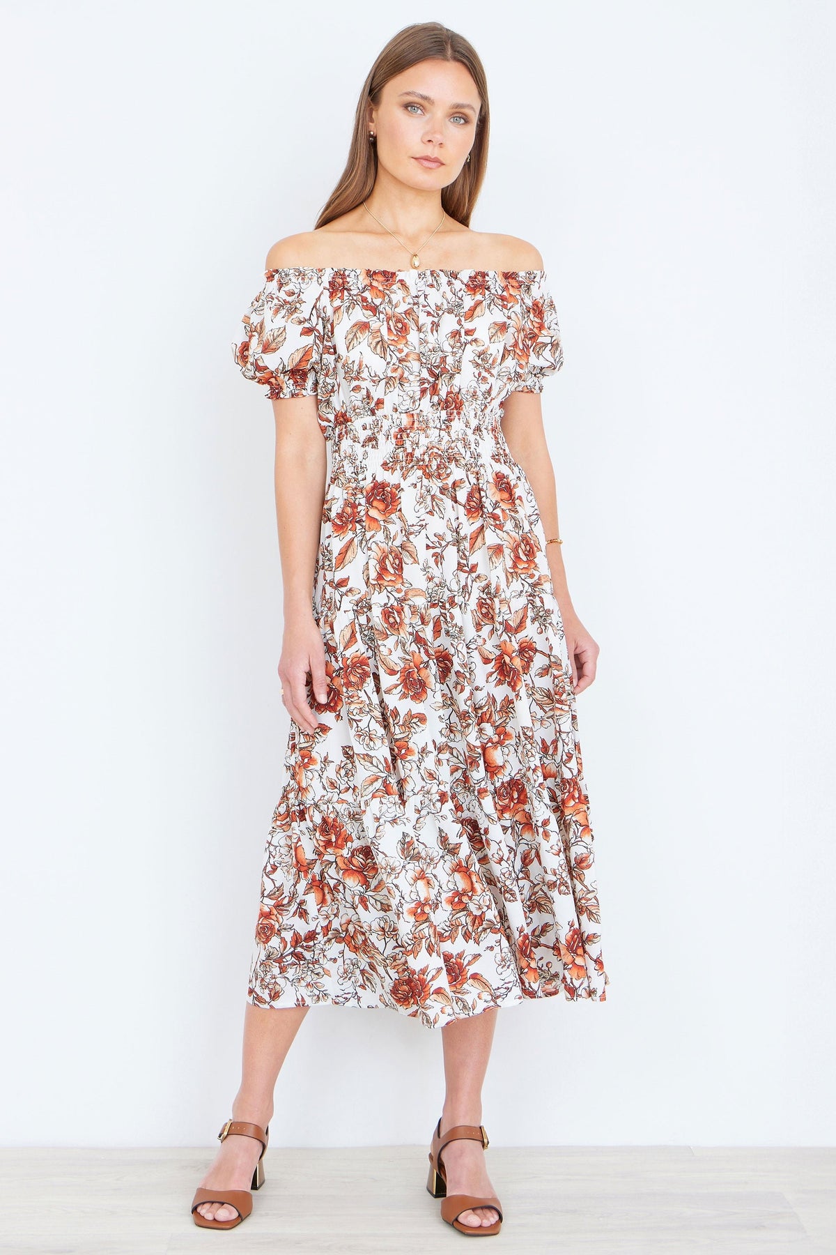 The Off-Shoulder – Orange Floral Midi Dress - Bascora
