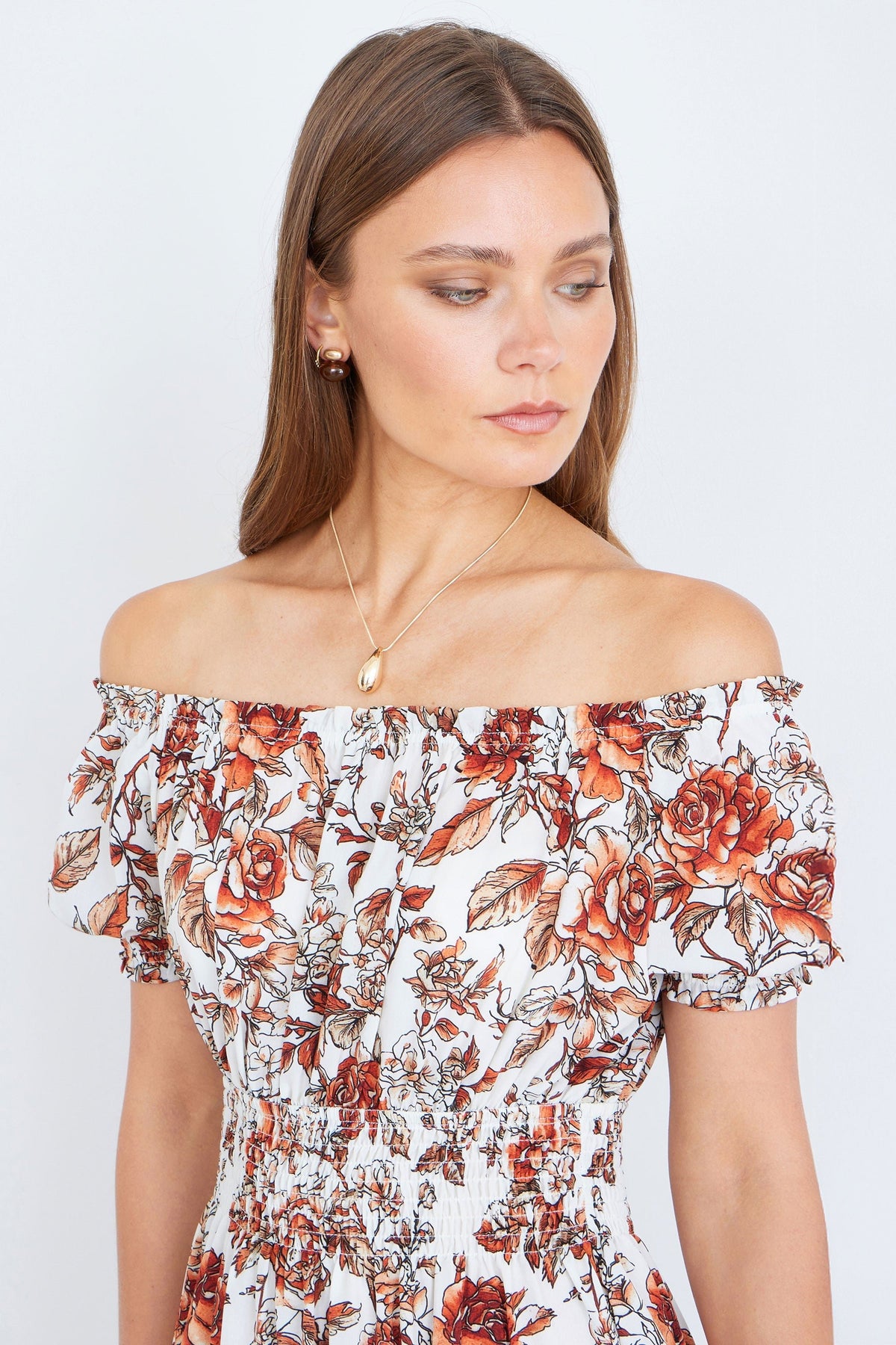 The Off-Shoulder – Orange Floral Midi Dress - Bascora
