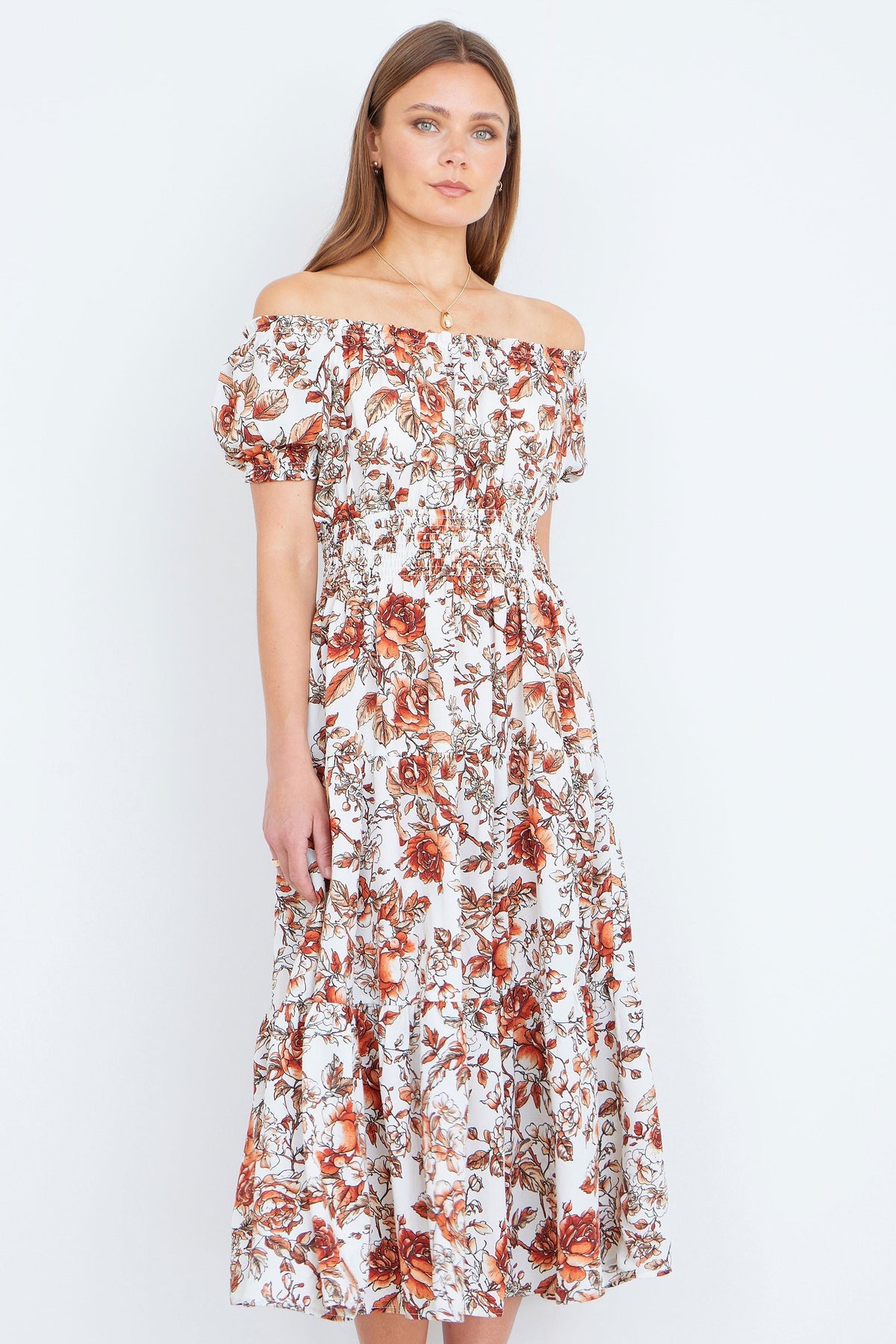 The Off-Shoulder – Orange Floral Midi Dress - Bascora