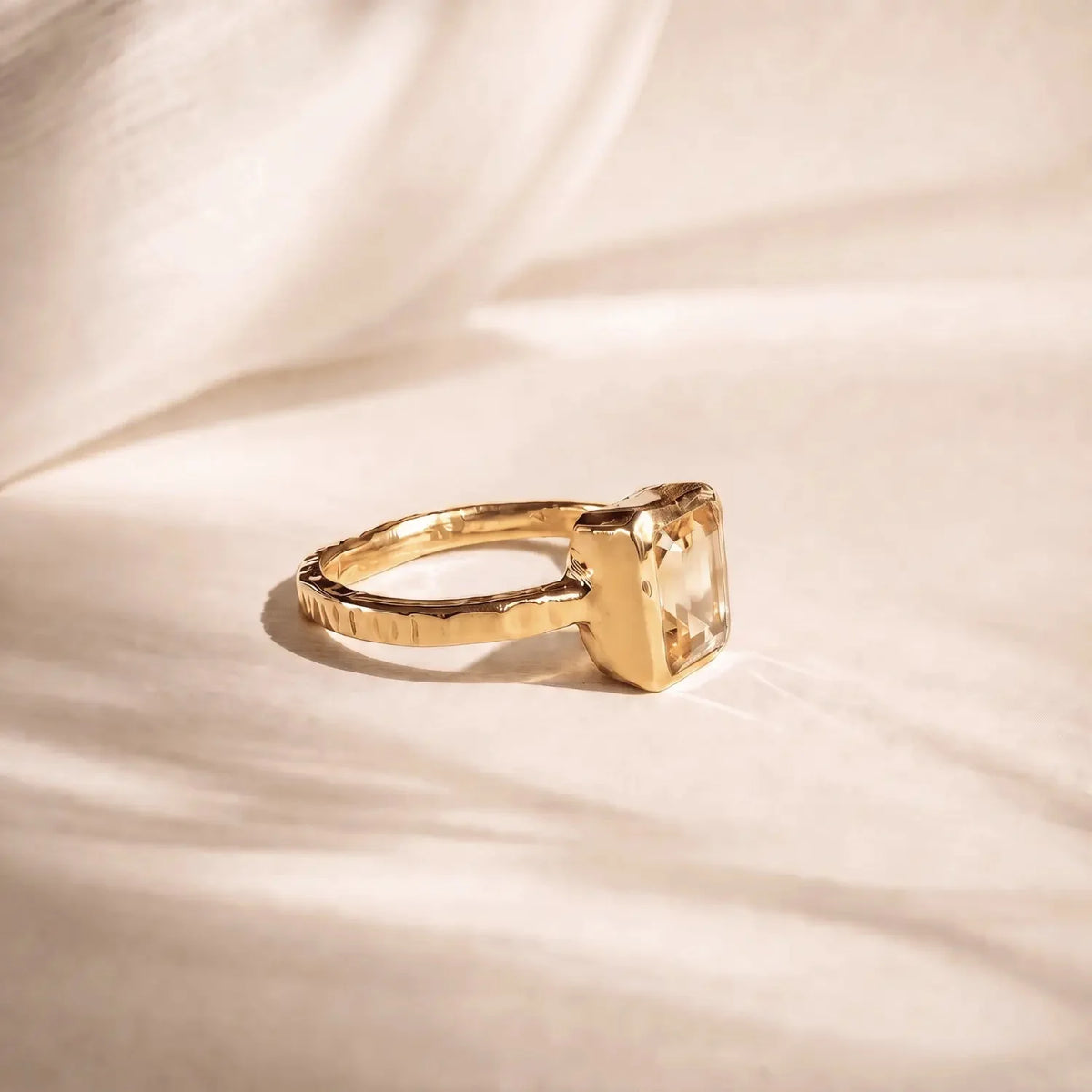 Dainty London Tidewashed Citrine Ring with Octagonal Stone and Hammered Band