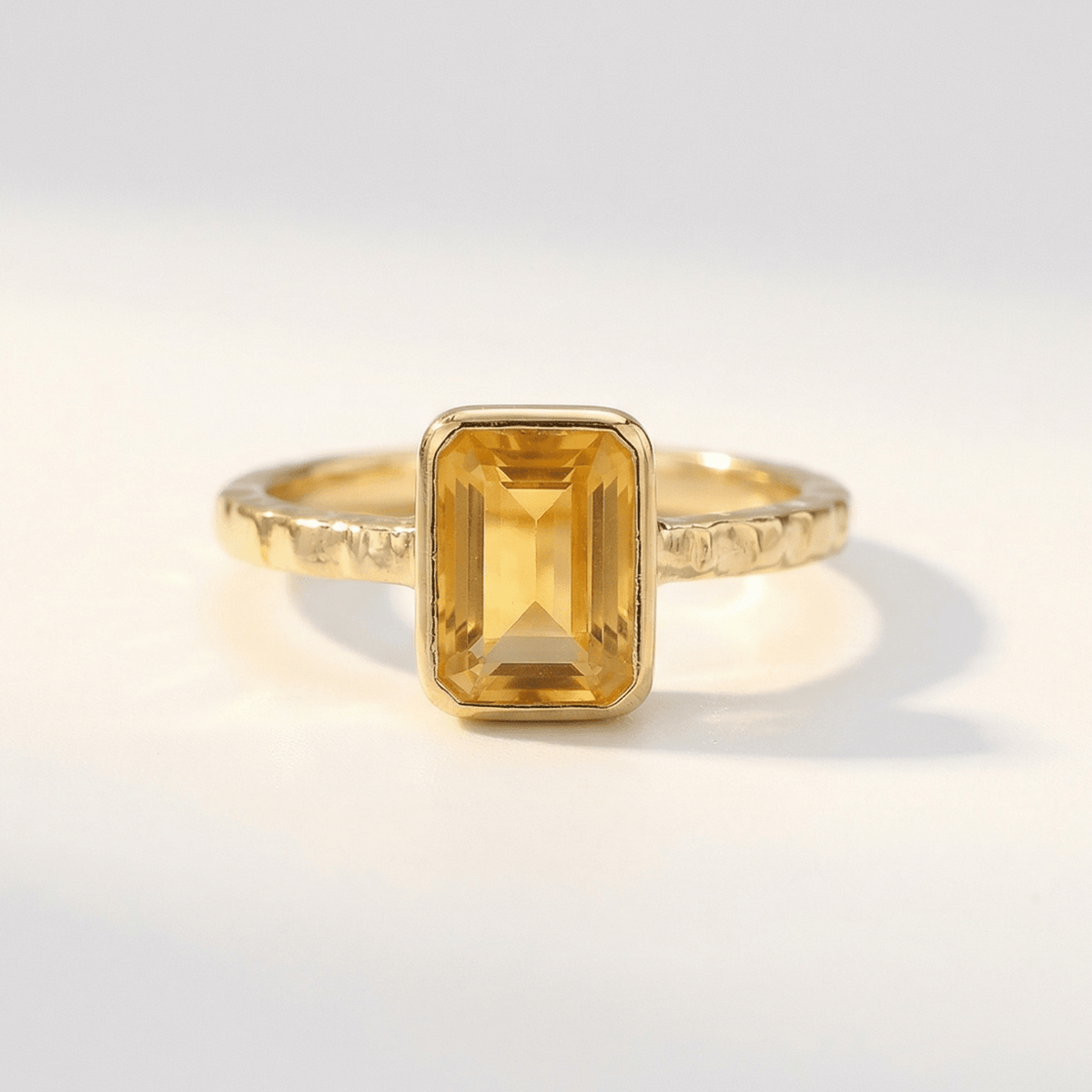 Dainty London Tidewashed Citrine Ring with Octagonal Stone and Hammered Band
