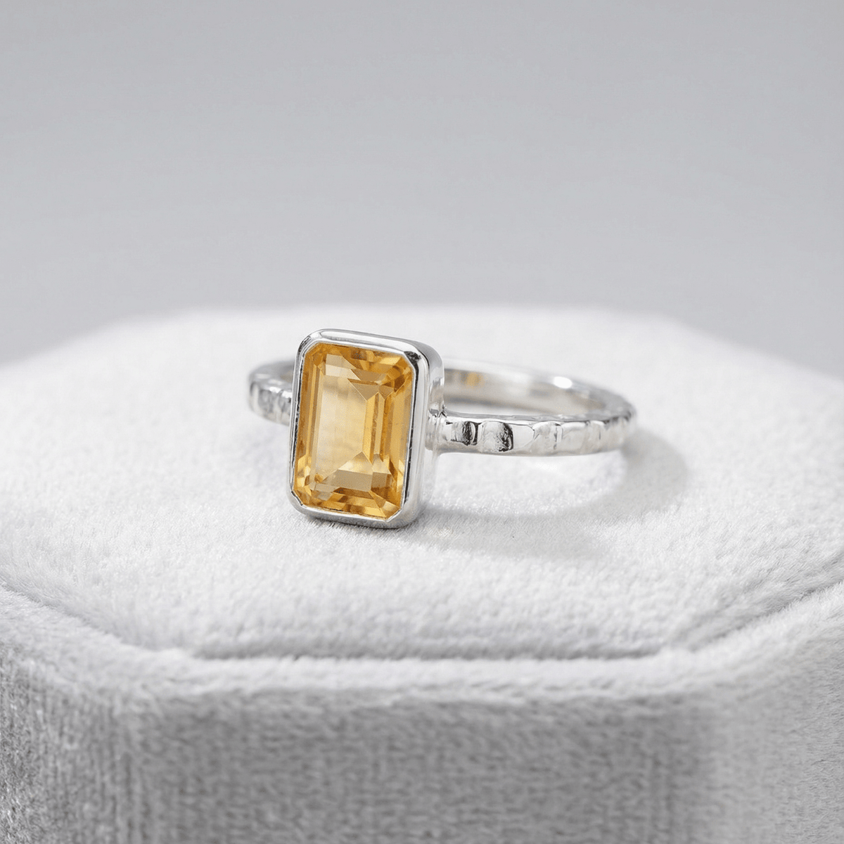Dainty London Tidewashed Citrine Ring with Octagonal Stone and Hammered Band