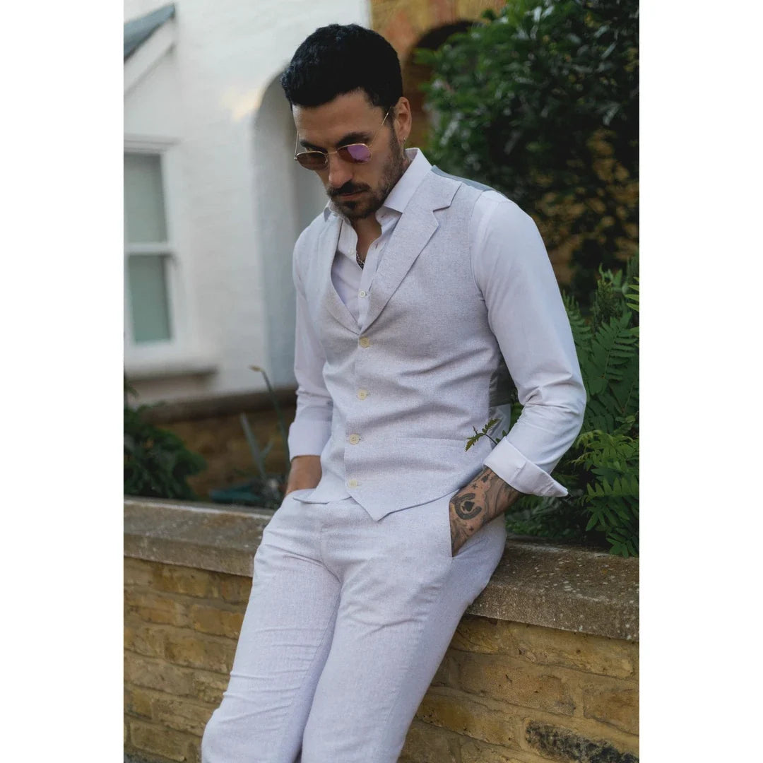 Men's Light Grey Linen Summer Wedding Suit with Waistcoat and Trousers