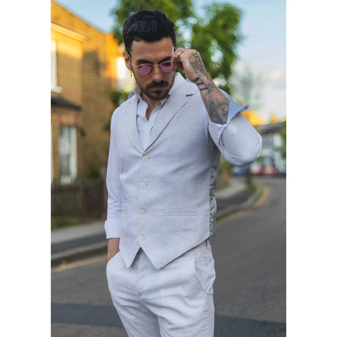 Men's Light Grey Linen Summer Wedding Suit with Waistcoat and Trousers