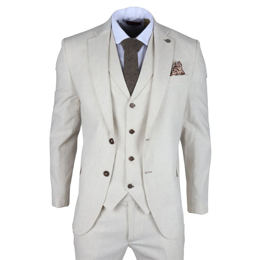 Men's Beige 3 Piece Linen Summer Wedding Suit