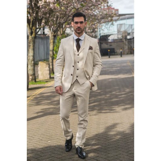 Men's Beige 3 Piece Linen Summer Wedding Suit