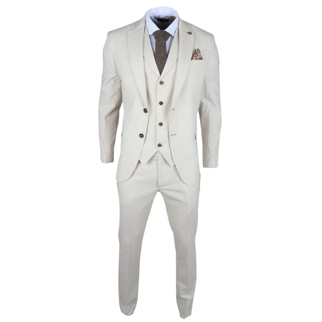 Men's Beige 3 Piece Linen Summer Wedding Suit