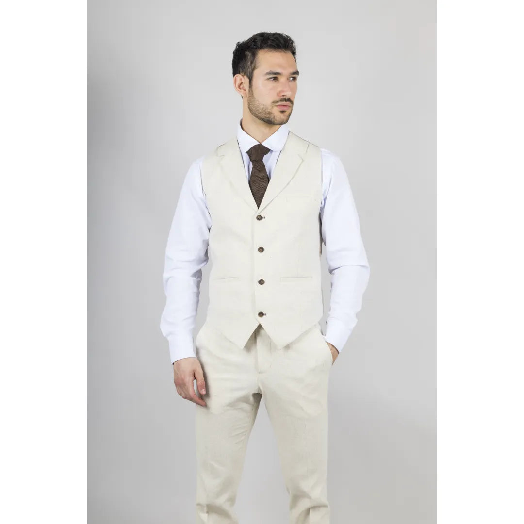 Men's Beige 3 Piece Linen Summer Wedding Suit