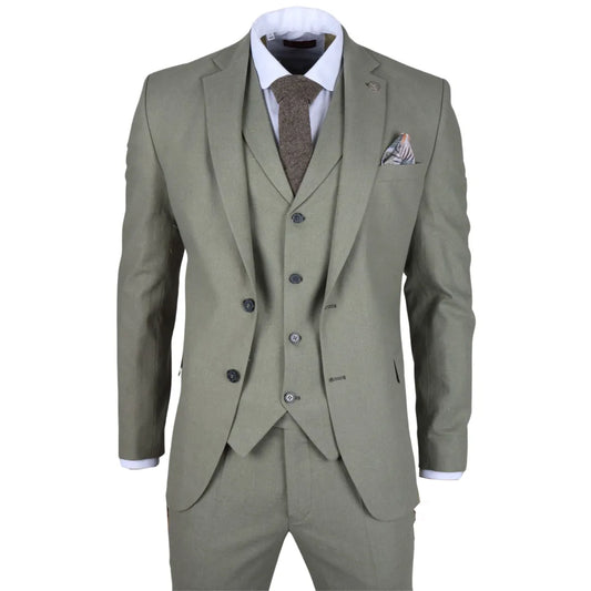 Men's Sage 3 Piece Linen Summer Wedding Suit