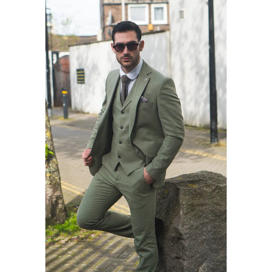Men's Sage 3 Piece Linen Summer Wedding Suit