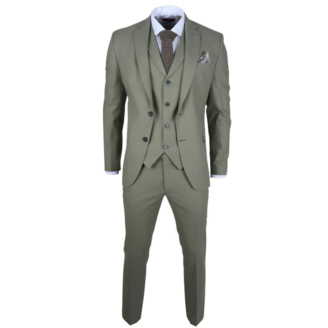 Men's Sage 3 Piece Linen Summer Wedding Suit