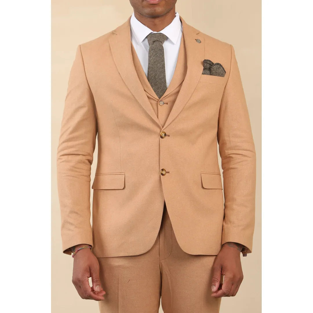 Men's Camel 3 Piece Linen Summer Wedding Suit