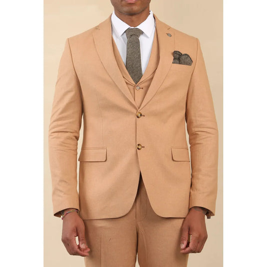 Men's Camel 3 Piece Linen Summer Wedding Suit