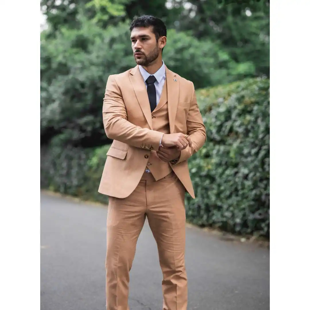 Men's Camel 3 Piece Linen Summer Wedding Suit