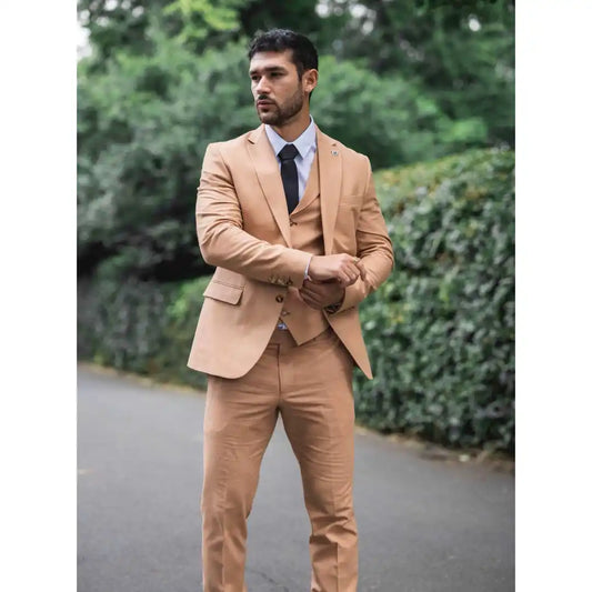 Men's Camel 3 Piece Linen Summer Wedding Suit