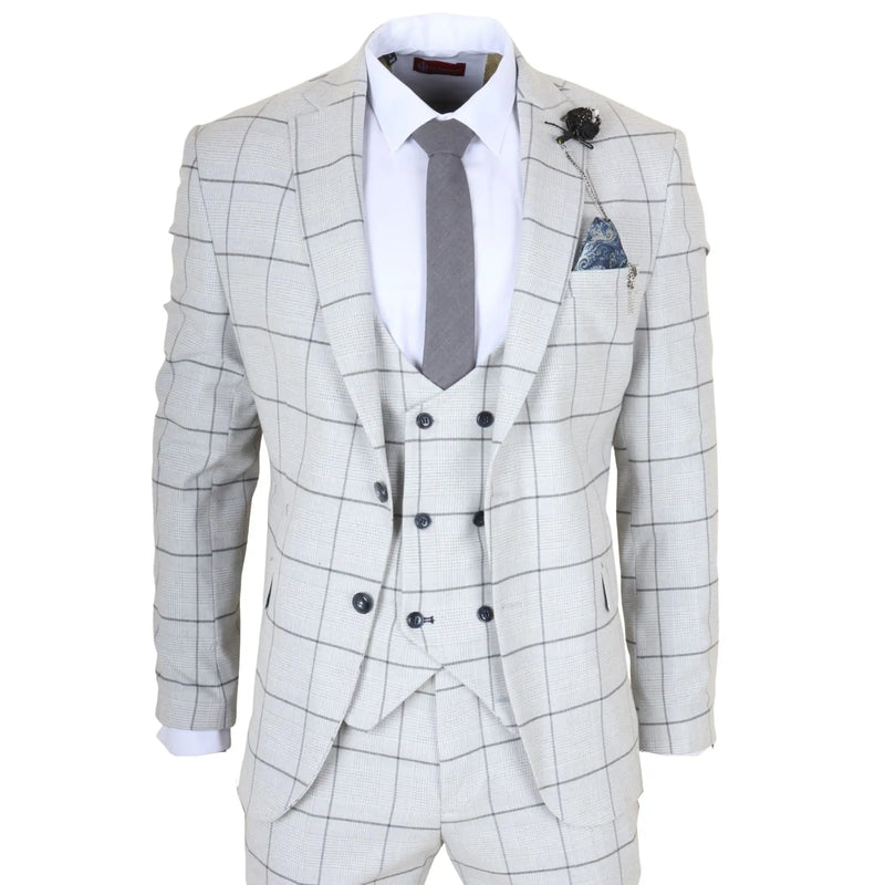 Men's 3 Piece Tailored Fit Grey Plaid Check Suit by TruClothing