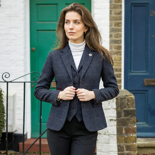 Women's Navy Wool Blend Tweed Blazer & Waistcoat Set by TruClothing