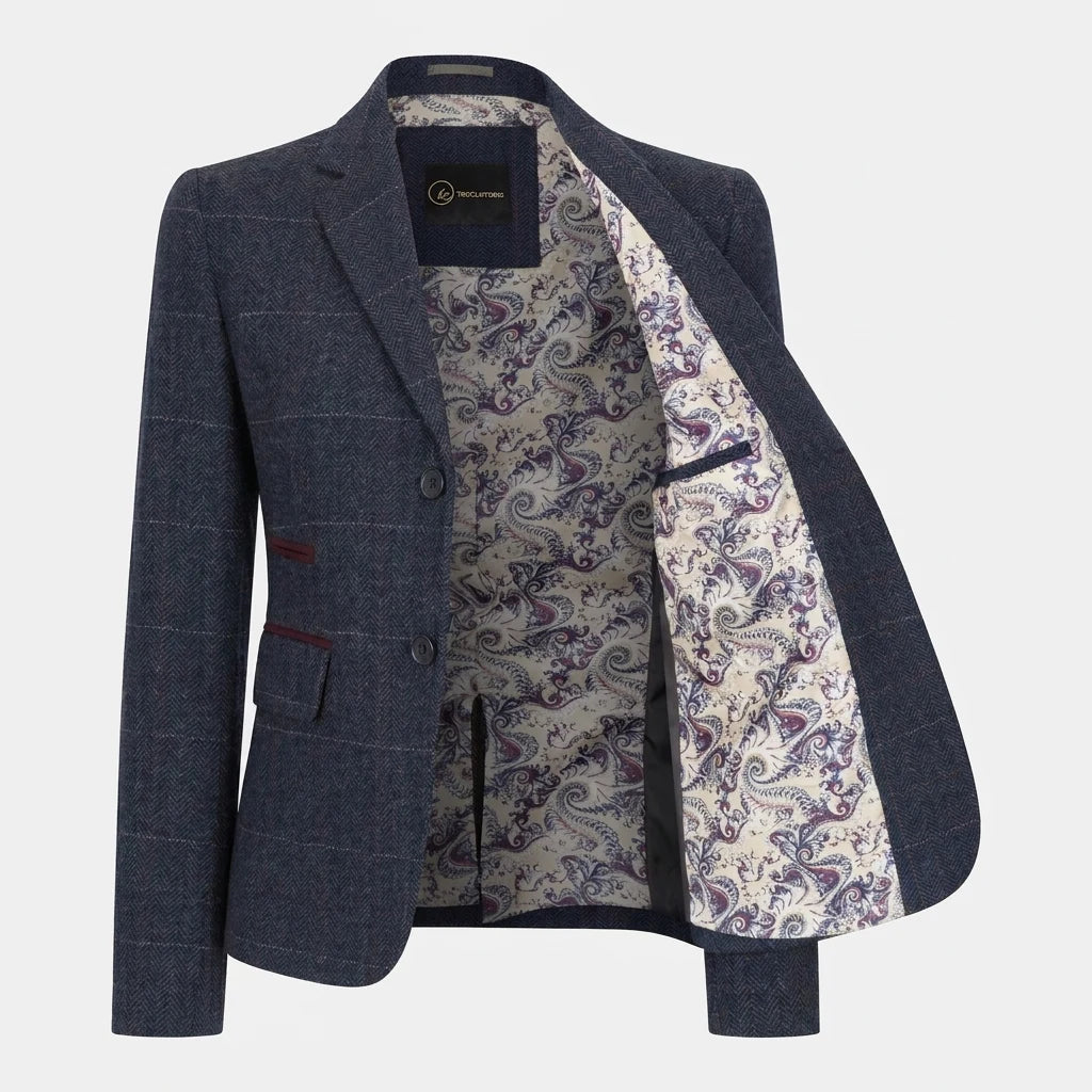 Women's Navy Wool Blend Tweed Blazer & Waistcoat Set by TruClothing