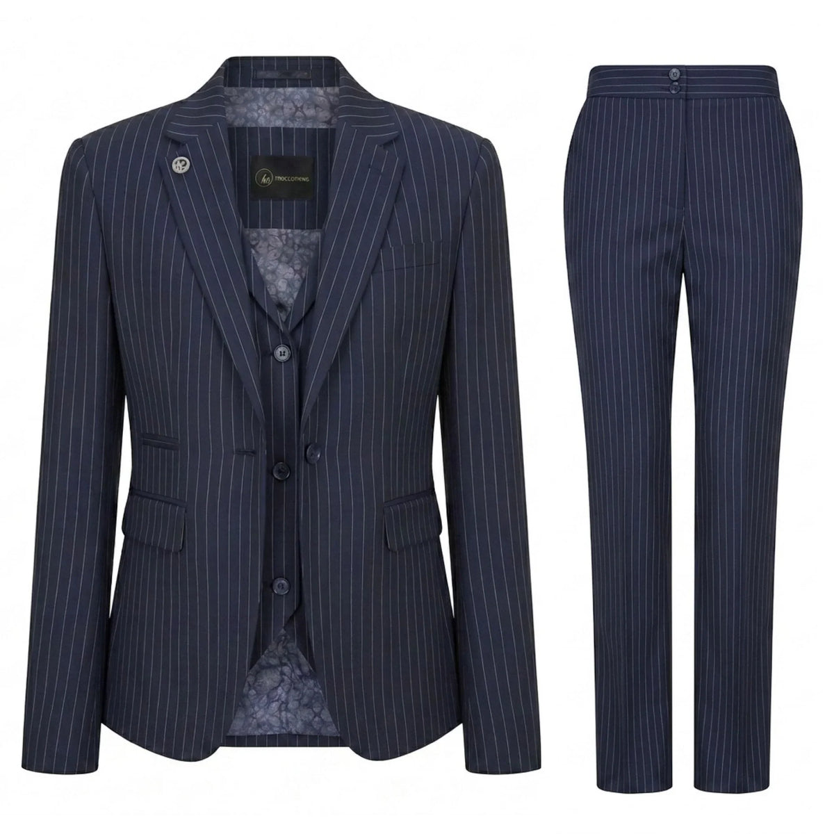 Women's 3 Piece Navy Blue Pinstripe Tailored Suit by TruClothing