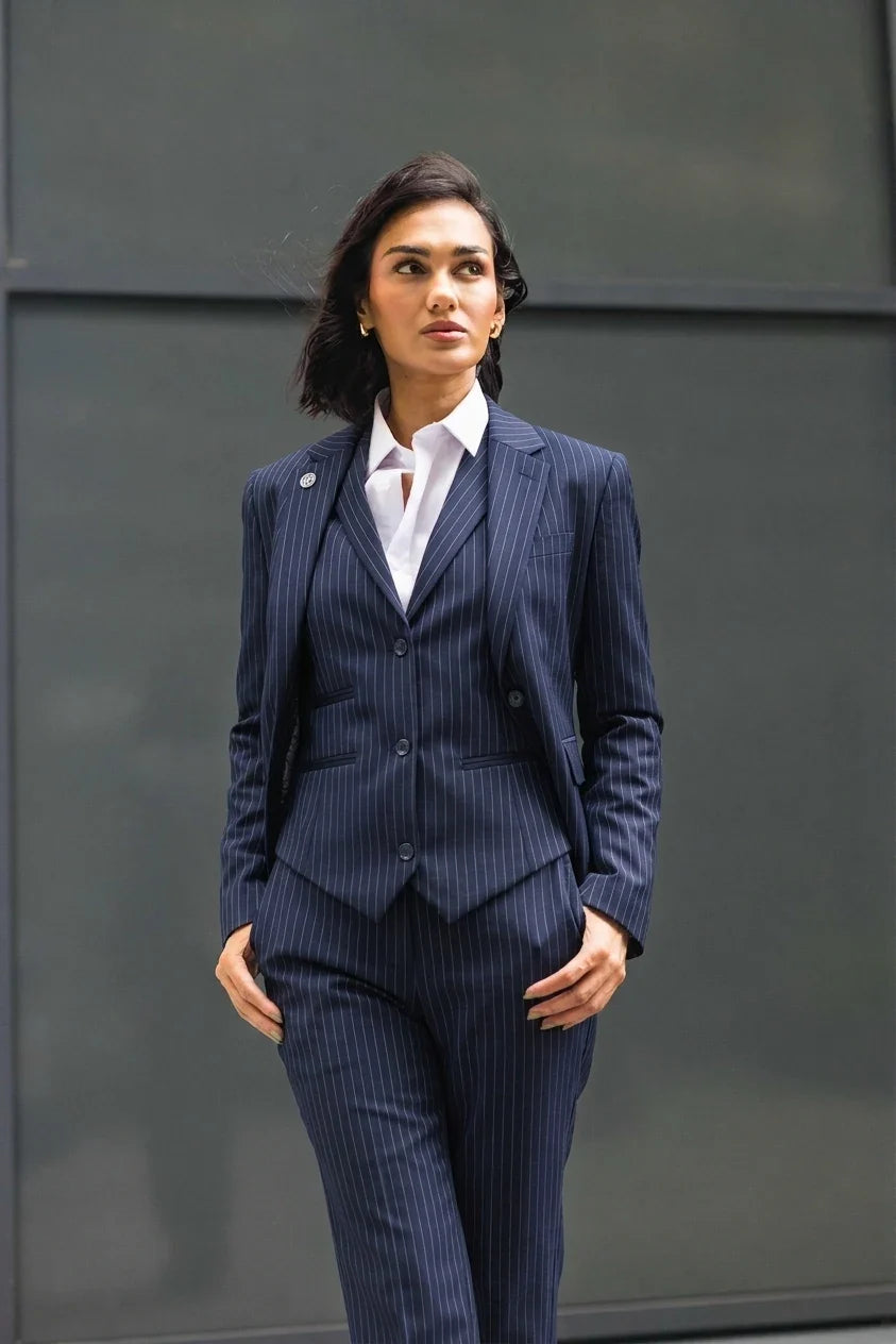 Women's 3 Piece Navy Blue Pinstripe Tailored Suit by TruClothing