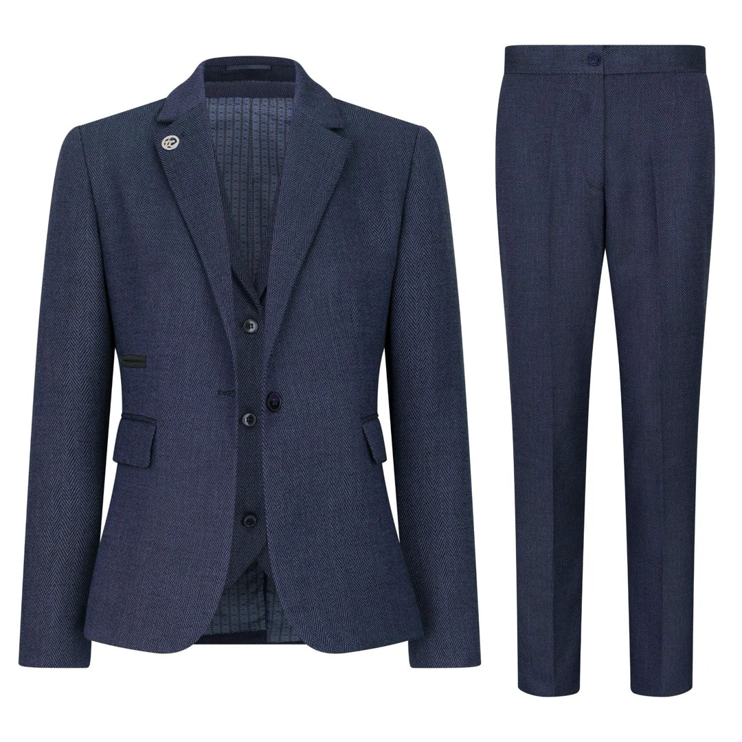 Women's Navy 3 Piece Herringbone Tweed Suit