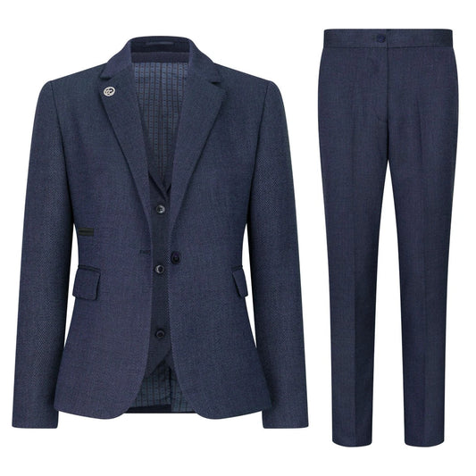 Women's Navy 3 Piece Herringbone Tweed Suit
