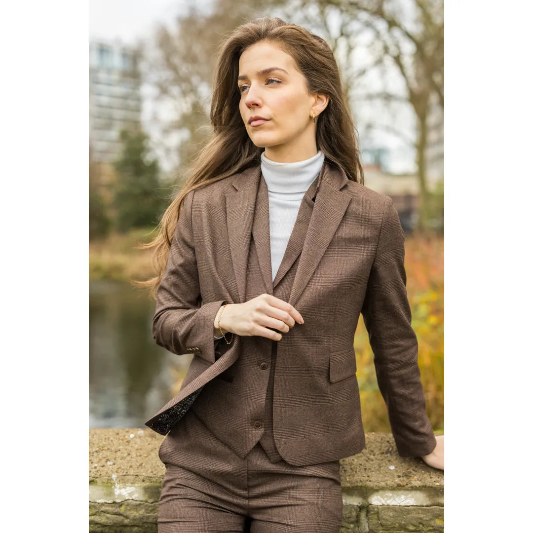 Women's Brown 3 Piece Prince of Wales Check Suit