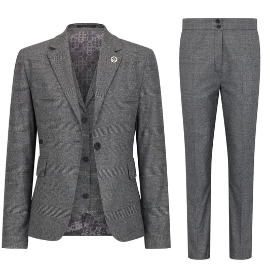 Women's Grey 3 Piece Prince of Wales Check Suit