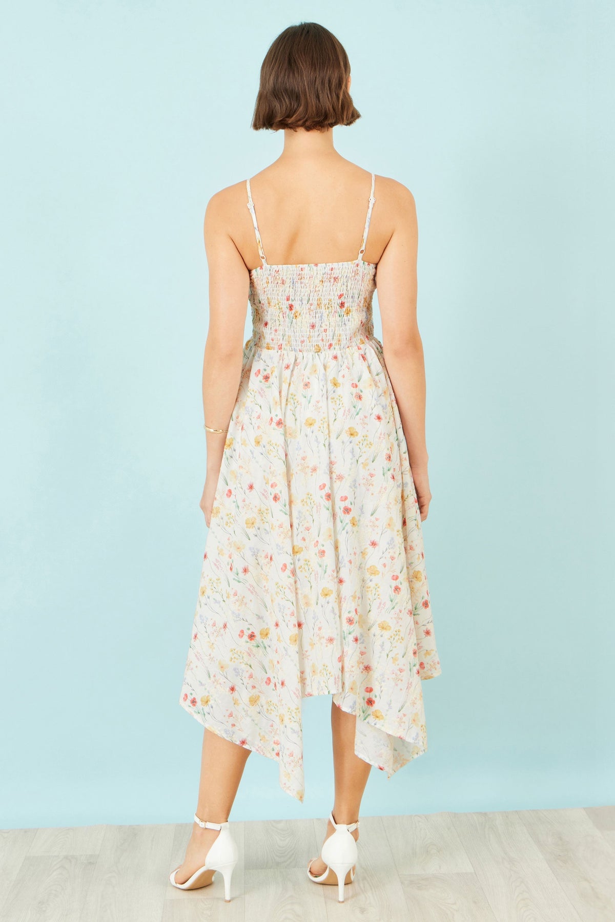 White Botanical Embroidery Fabric Handkerchief Hem Dress - Bascora