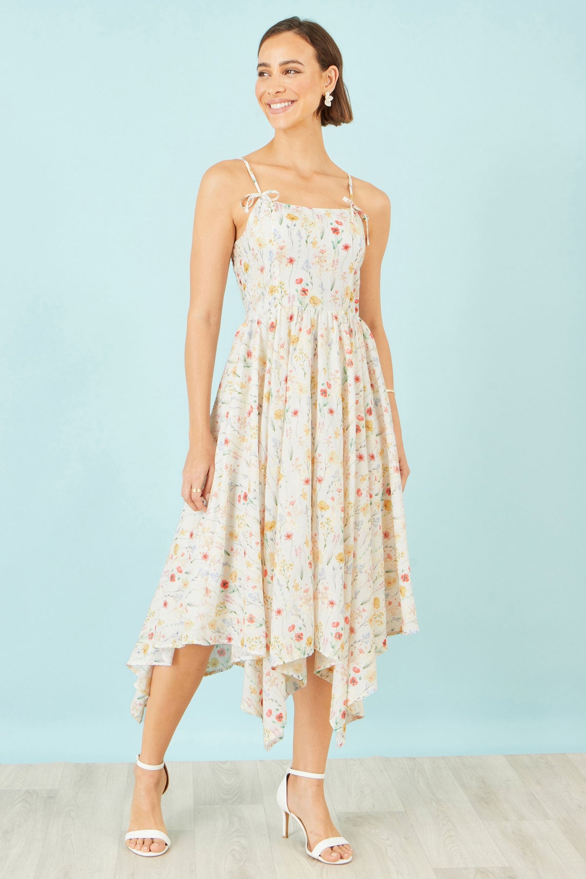 White Botanical Embroidery Fabric Handkerchief Hem Dress - Bascora