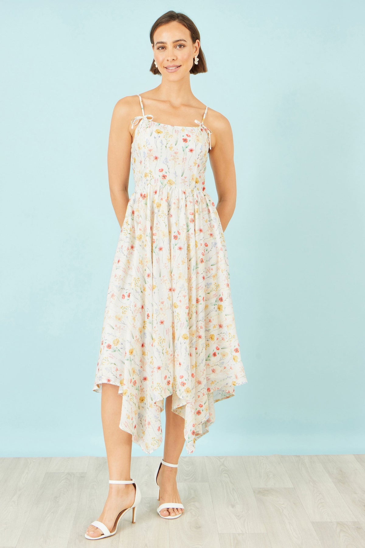 White Botanical Embroidery Fabric Handkerchief Hem Dress - Bascora