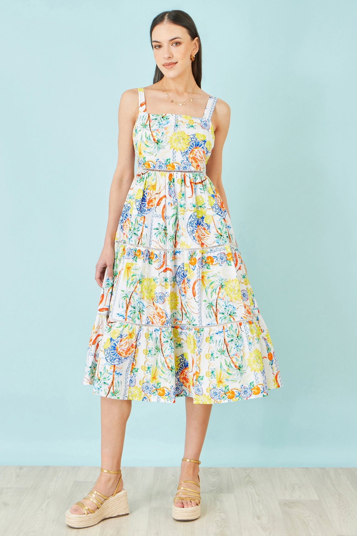 White Mediterranean Print Cotton Midi Sun Dress - Bascora