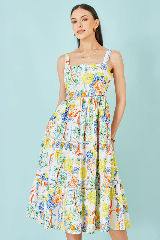 White Mediterranean Print Cotton Midi Sun Dress - Bascora