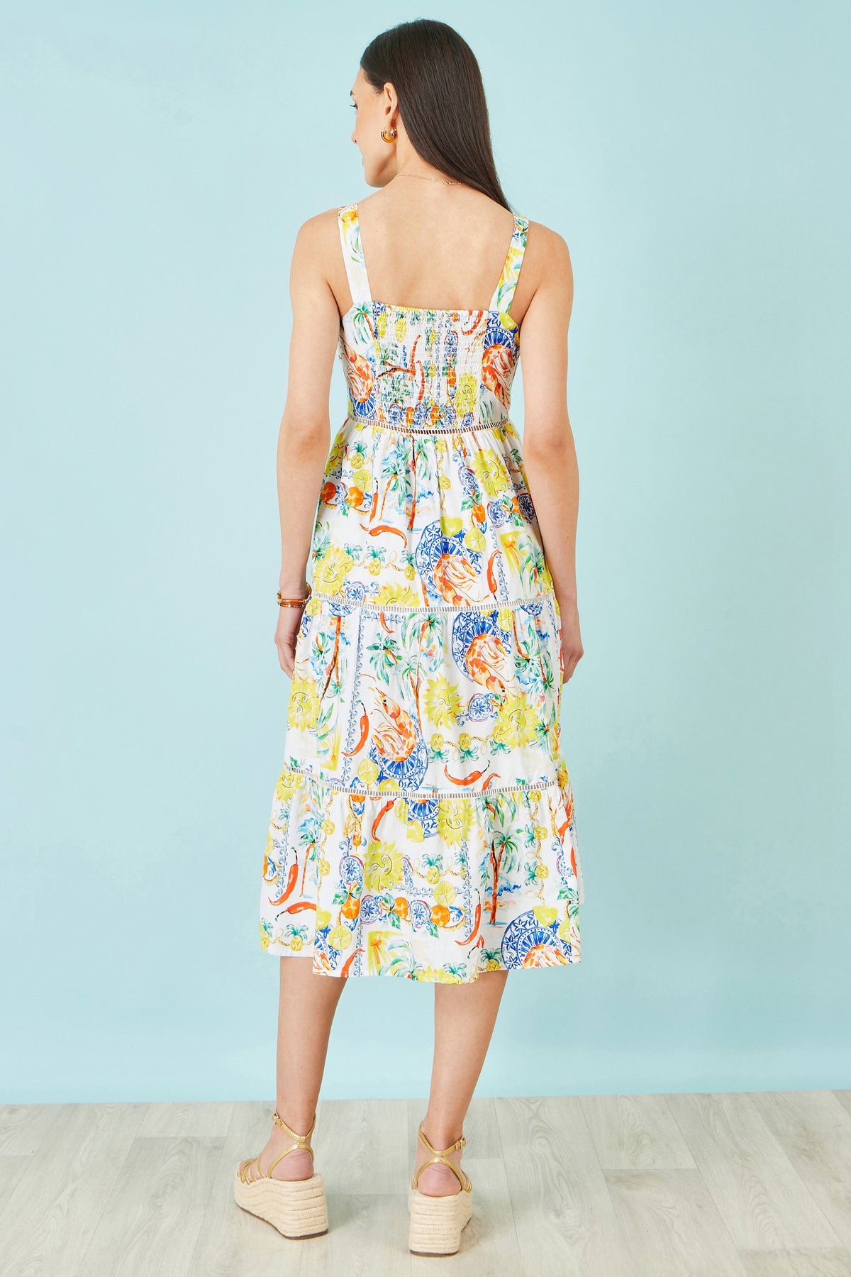 White Mediterranean Print Cotton Midi Sun Dress - Bascora