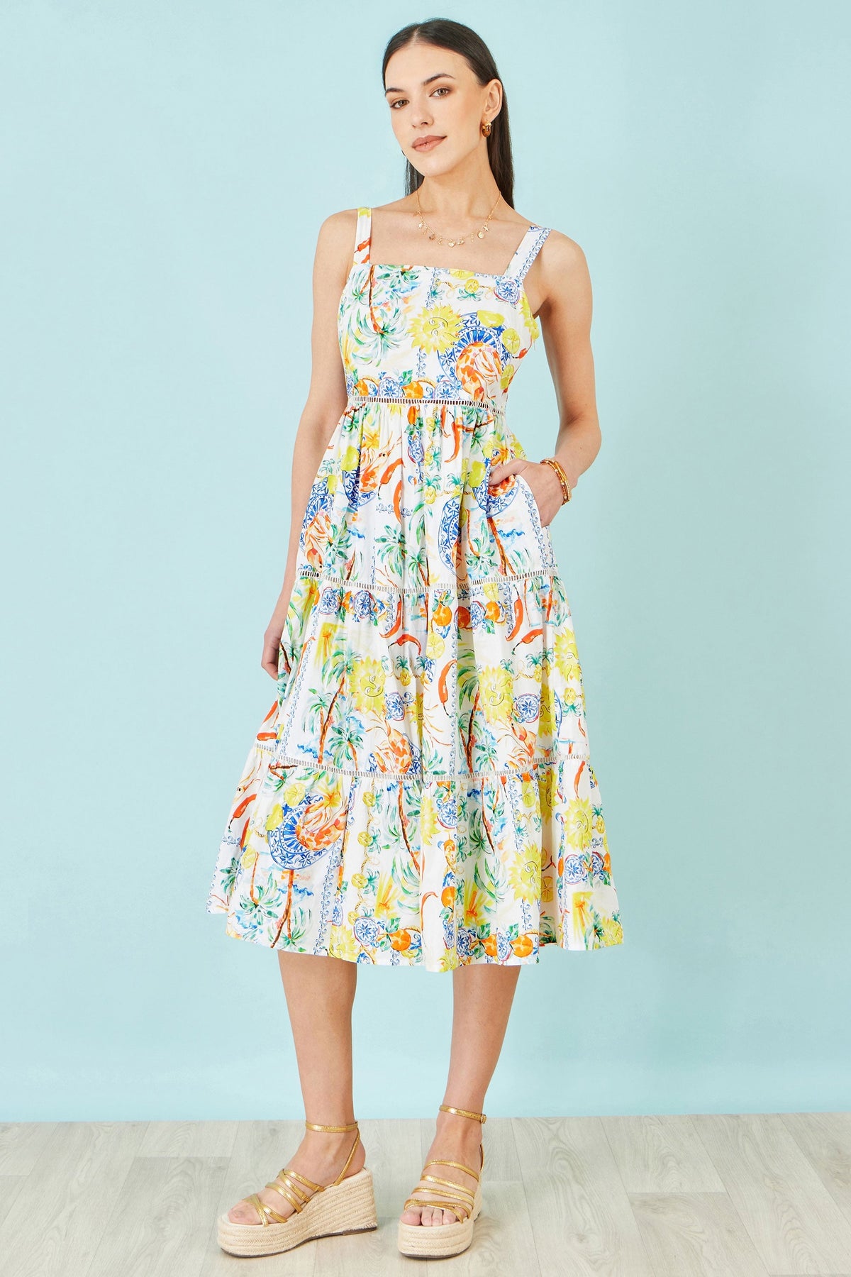 White Mediterranean Print Cotton Midi Sun Dress - Bascora