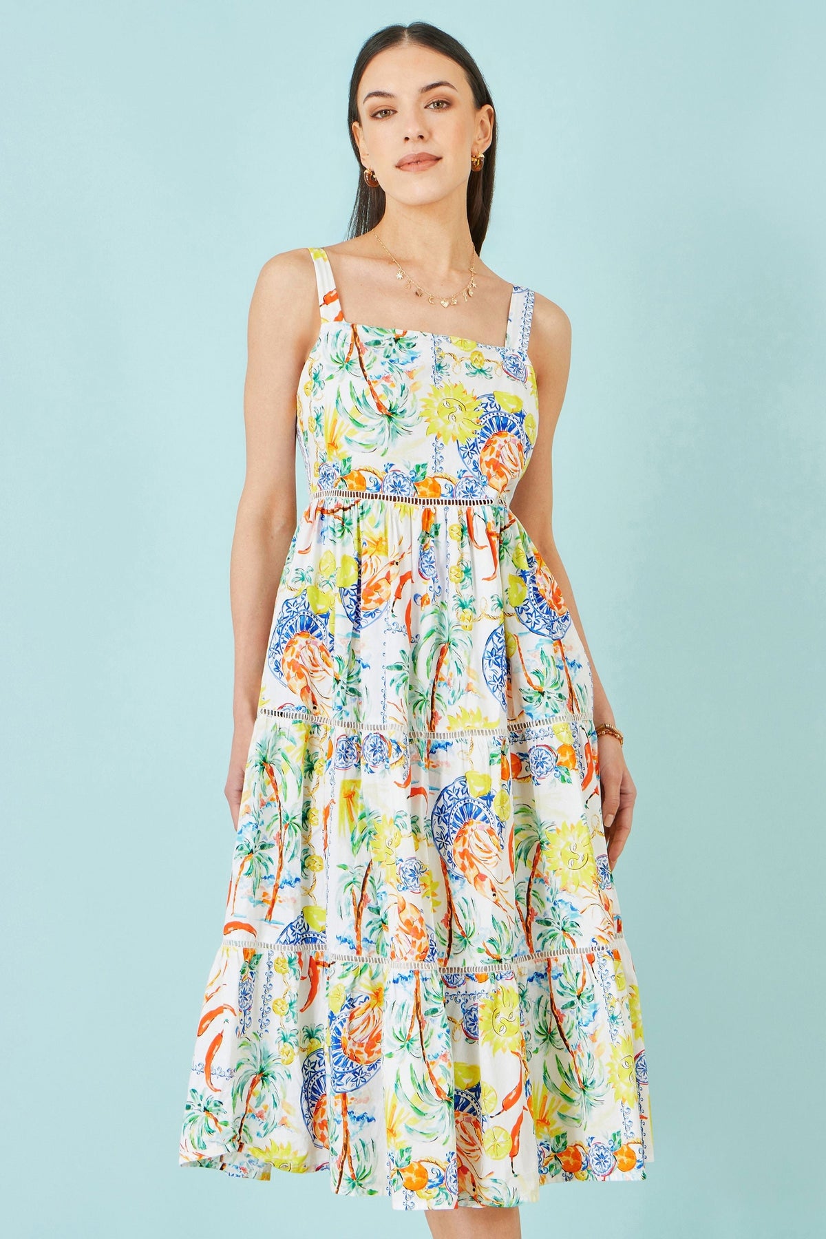 White Mediterranean Print Cotton Midi Sun Dress - Bascora