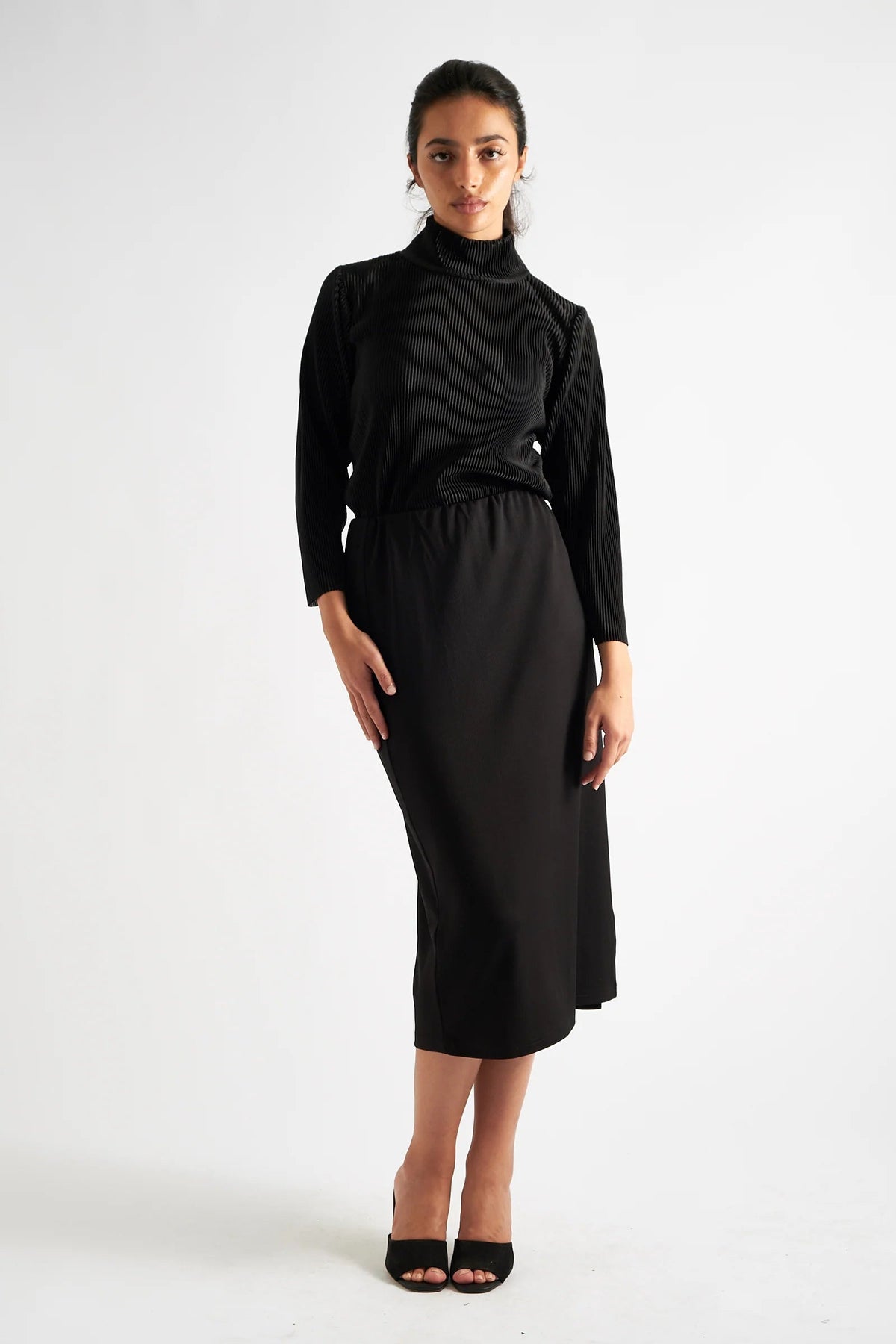 Wilson Black Fine Rib Midi Pencil Skirt - Bascora