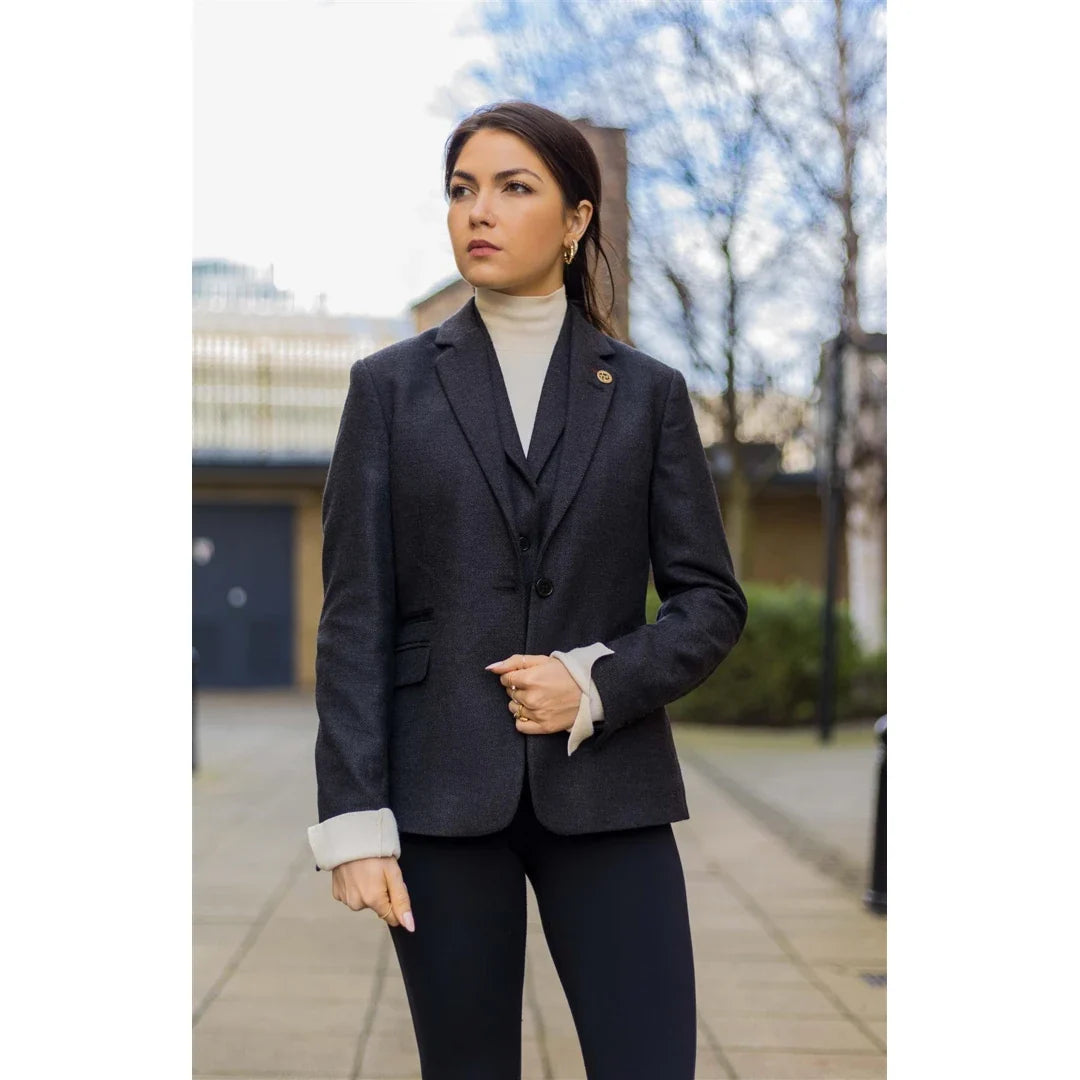 TruClothing Women's Black Tweed Herringbone Blazer and Waistcoat Set