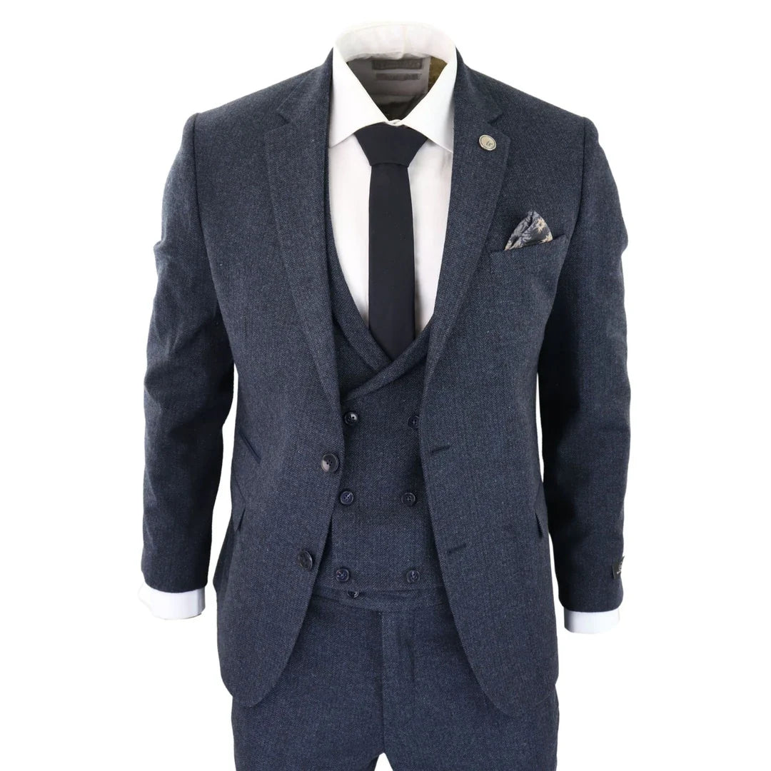 Men's 3 Piece Blue Double Breasted Waistcoat Tweed Suit