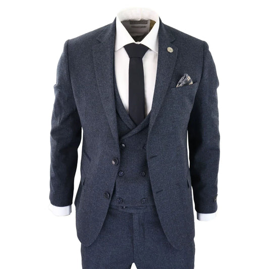 Men's 3 Piece Blue Double Breasted Waistcoat Tweed Suit
