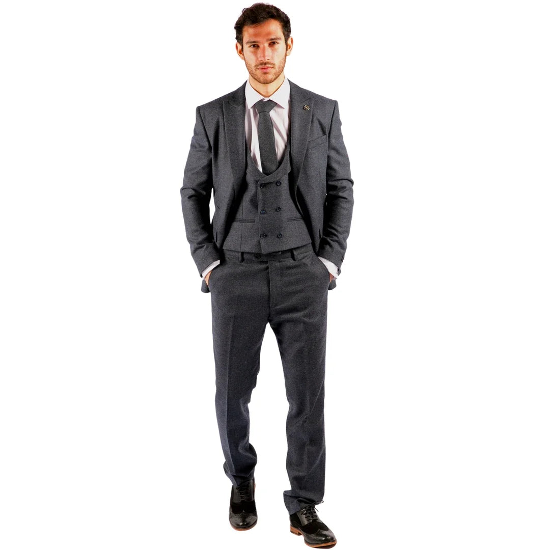 Men's 3 Piece Blue Double Breasted Waistcoat Tweed Suit