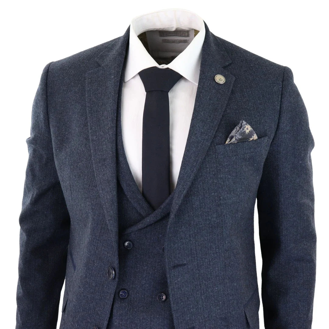 Men's 3 Piece Blue Double Breasted Waistcoat Tweed Suit