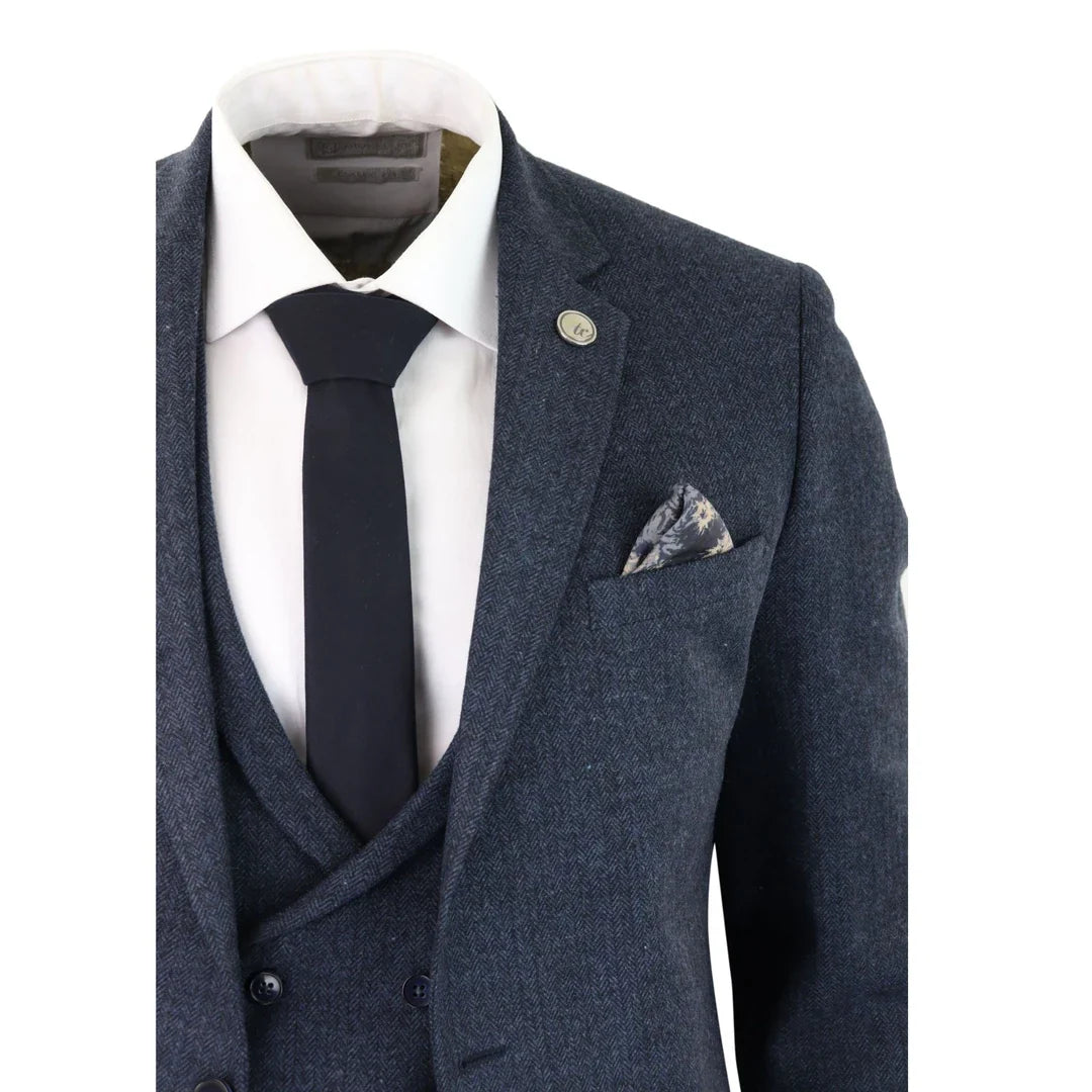 Men's 3 Piece Blue Double Breasted Waistcoat Tweed Suit