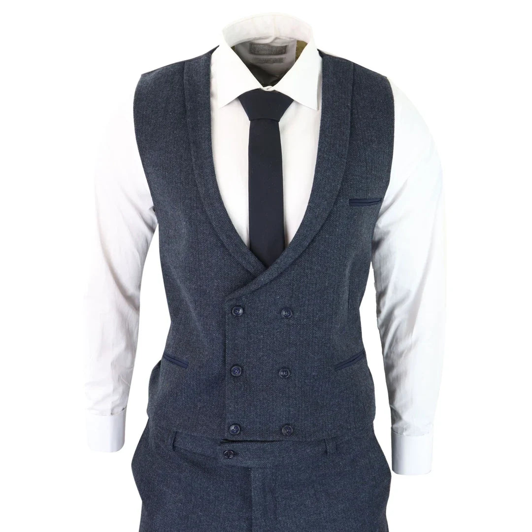 Men's 3 Piece Blue Double Breasted Waistcoat Tweed Suit