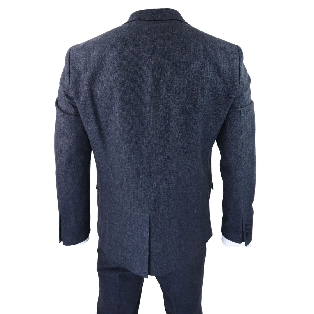 Men's 3 Piece Blue Double Breasted Waistcoat Tweed Suit