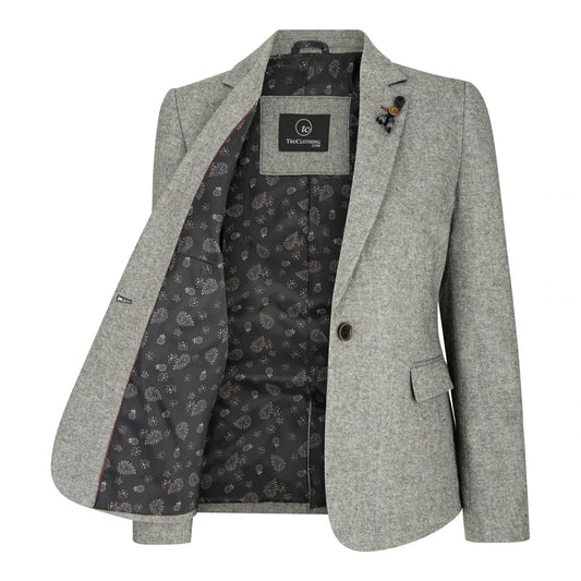 Women's Tweed Grey Blazer & Waistcoat with Elbow Patch 1920s Style by TruClothing