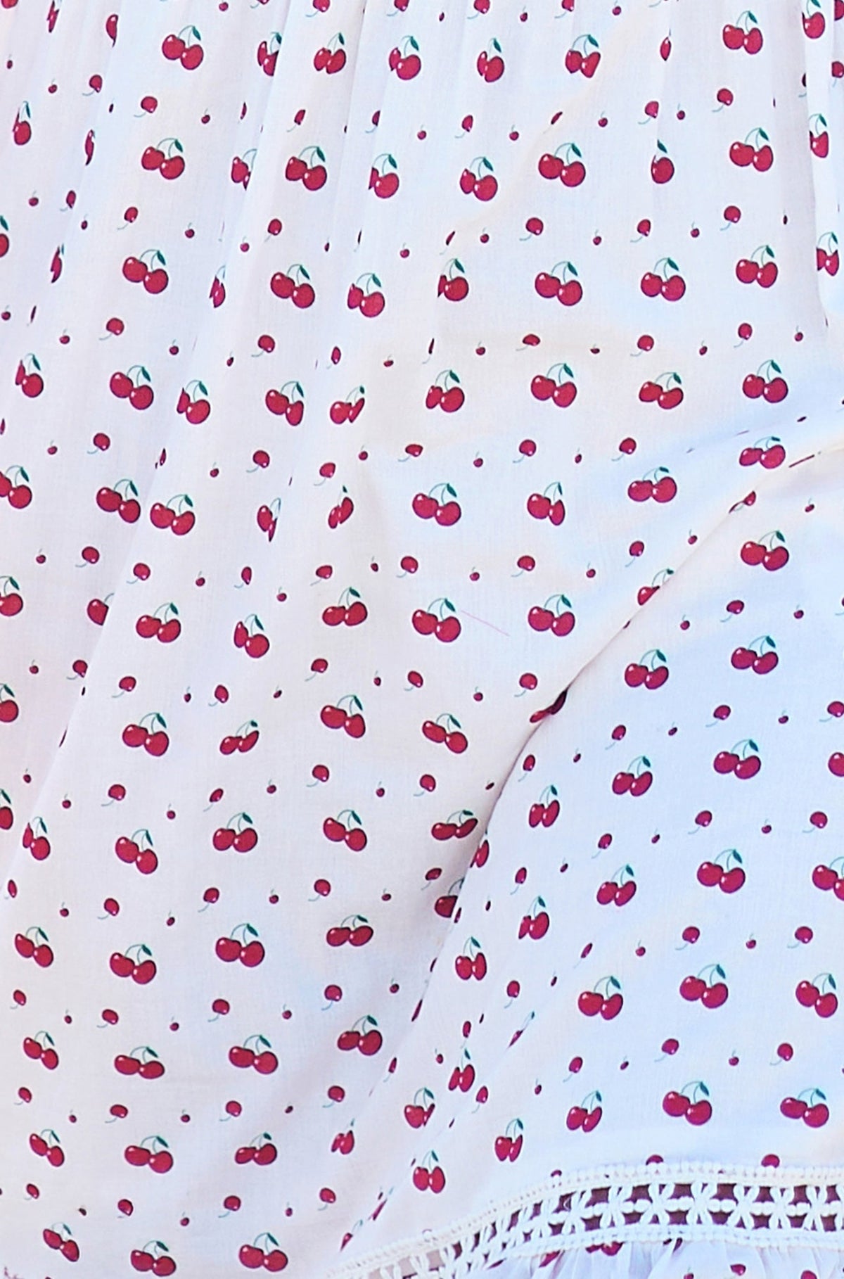 Yumi White Cherry Print Lace Trim Cotton Midi Dress - Bascora